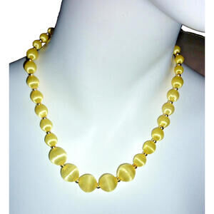 Vintage Yellow Satin Thread‎ Covered Round Beaded Necklace  17" Graduating